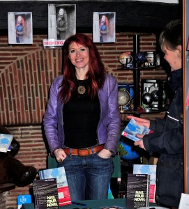 Indie author Roz Morris signed her self-published books in a bookshop