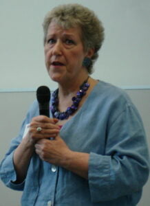 Self-published author Linda Gillard speaking at a publishing conference in Edinburgh