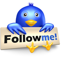 Twitter bird with "follow me" sign