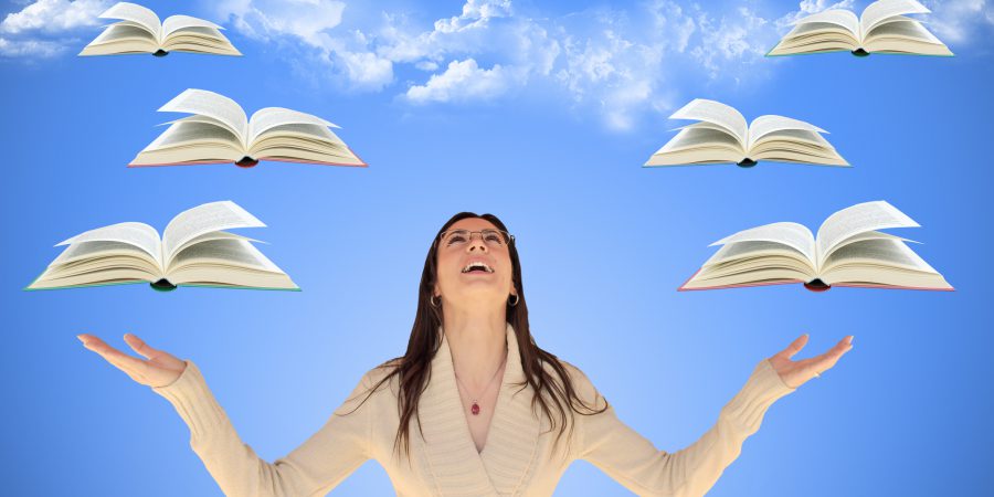 Author With Books Flying Around Her