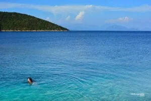 Jessica Bell swimming off Ithaca