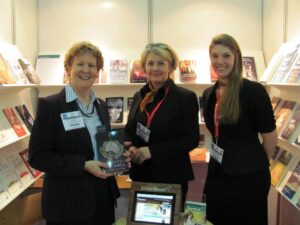 Helen Hart at the London Book Fair on the SilverWood stand with Alison Morton and Jo Zefron