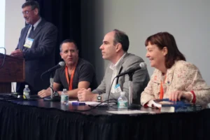 Steven Spatz, Hugh Howey, Mark Lefebvre, Orna Ross (l. to r.) at Choosing Your Publishing Pathway Panel, UPublishU Conference, BEA 2014