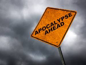 Road sign saying "Apocalypse ahead"