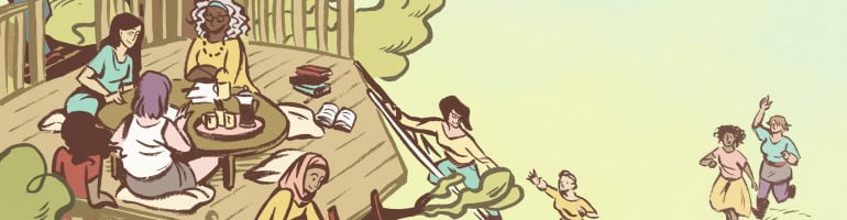 Cartoon of women helping each other and working together (apparently in a tree-house, strangely!)