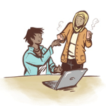 Cartoon Of Two Women Helping Each Other By A Laptop