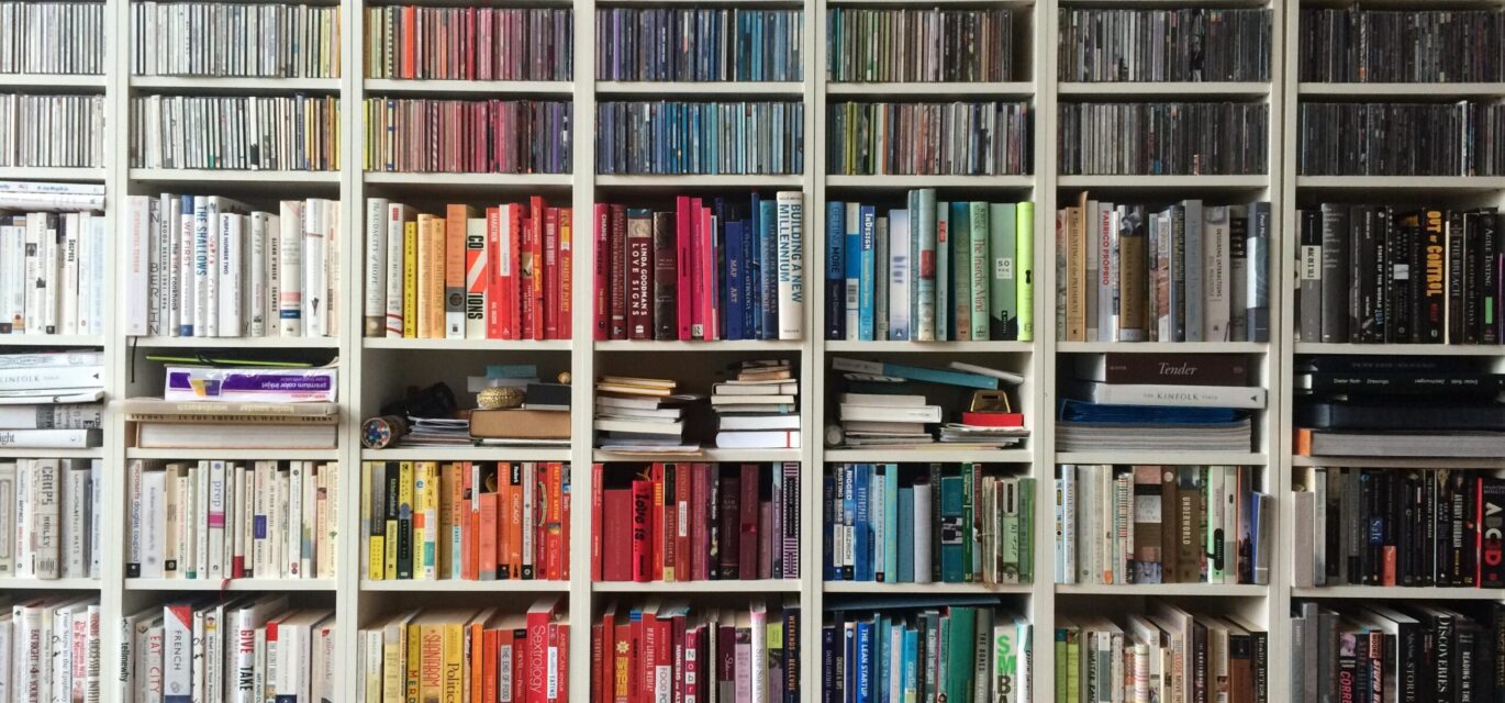 multi-coloured bookshelf