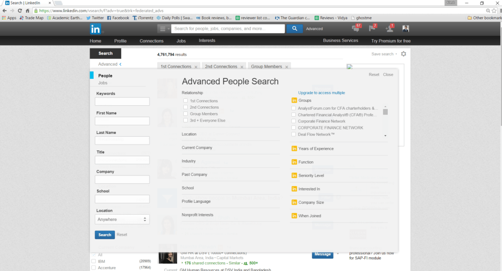 Screenshot of LinkedIn's Advanced Search Tool