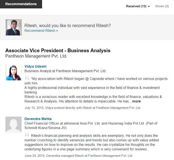 Screenshot of recommendations