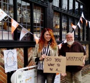 Roz with Peter outside his bookshop