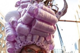 Sarah Macintyre in a giant pink wig