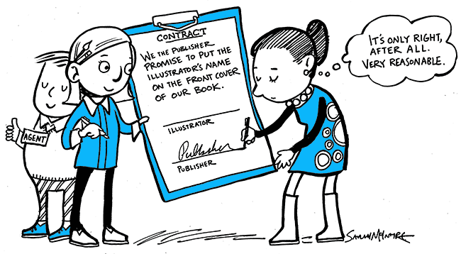 Cartoon by Sarah McIntyre of publisher and illustrator signing a contract