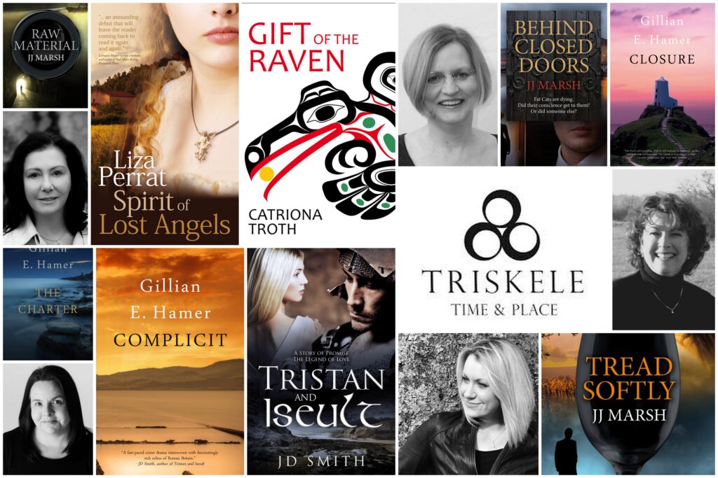 Array of book covers and Triskele logo