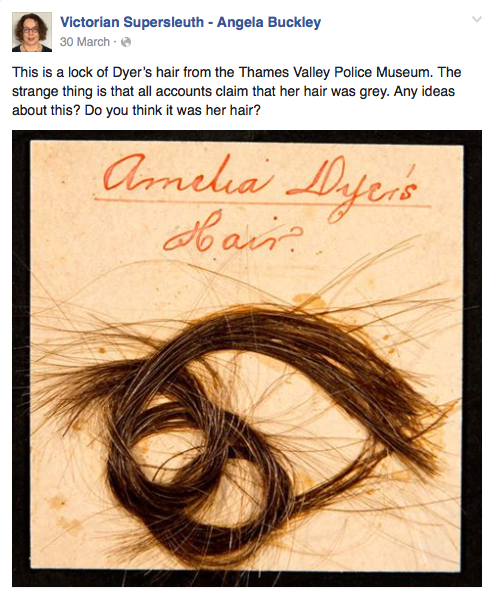 Screenshot of post featuring a lock of Amelia Dyer's hair
