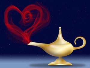Aladdin-style magic lamp with heart appearing from spout
