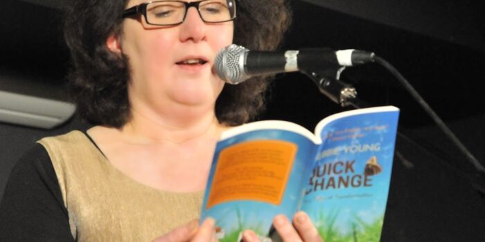 Debbie Young reading at Stroud Short Stories event