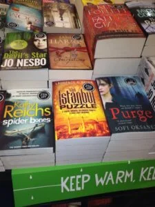 Book table in bookstore including one of Laurence's books