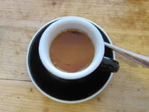 A birds-eye view of a cup of coffee