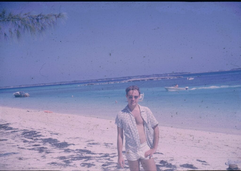 Photo fo John Lynch on the beach in the Bahamas 1966