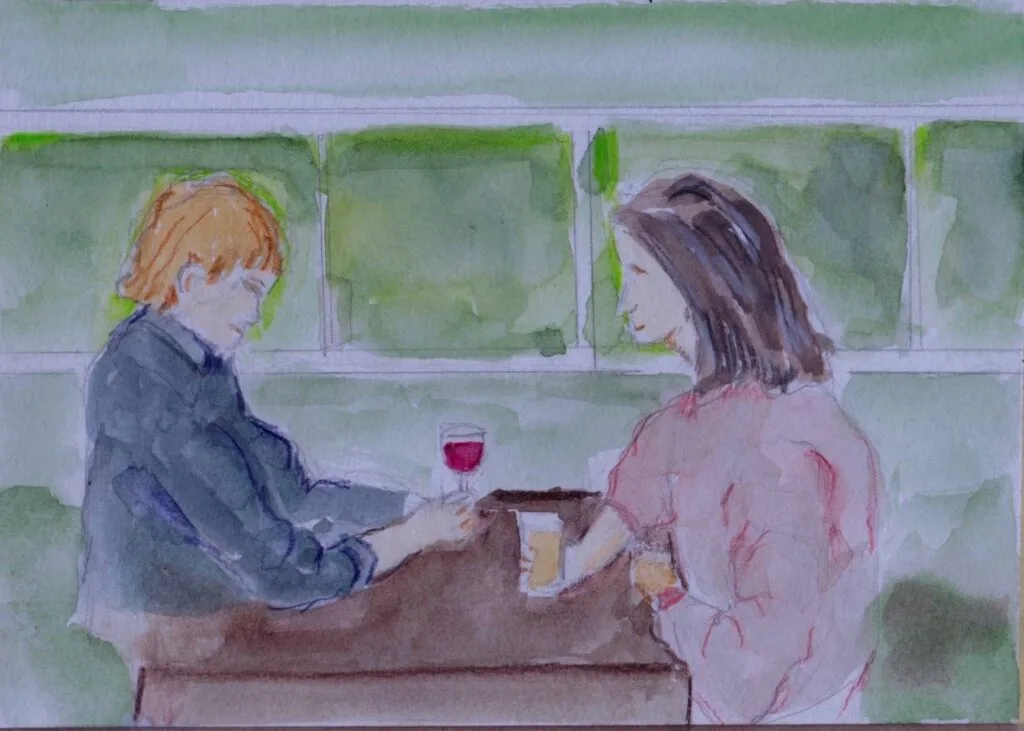 painting of two people talking over drinks