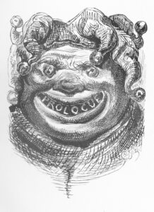 Drawing of jester gargoyle with word Prologue in place of teeth)