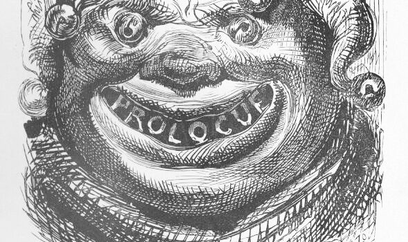 Drawing of jester gargoyle with word Prologue in place of teeth)