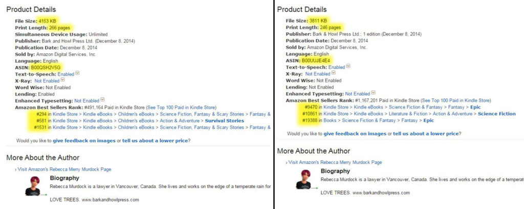 Left: the real book's details; Right: the counterfeit.