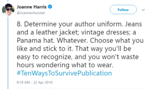screenshot of Joanne Harriss tweet about author uniforms