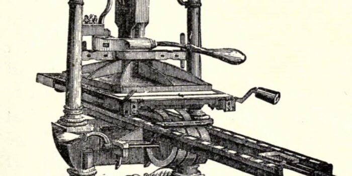 woodcut illustration of an old-fashioned printing press public domain
