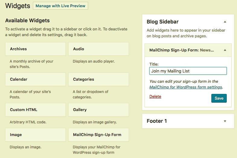 screenshot showing how to add the mailchimp widget on WordPress