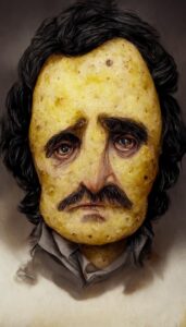 AI portrait of a potato with Edgar Allan Poe's face