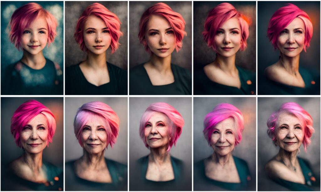 AI image of a woman progressively aging from age 5 to 95