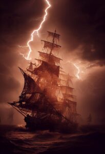 AI rendering of a ship in a storm, lightning flaring