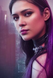 AI: YA Dystopian heroine, purple hair, black leather choker of unknown purpose, in 3/4 profile