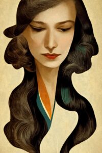 AI: a highly stylized, art deco portrait of a woman with long, flowing hair