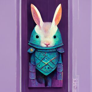 AI: A storybook bunny rabbit in armor, teal and purple, reminiscent of Mary Blair's art style