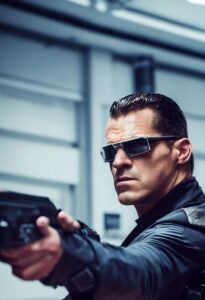 AI: action hero with shotgun, wearing shades, in a high-tech facility