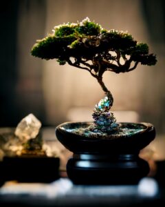 AI: a realistic bonsai tree growing around a small iridescent crystal, blurred background