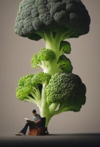 AI: miniature, man reading book beneath a broccoli tree