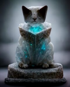 AI: A small statue of a cat reading a book; the quartz-like material glows blue from its center