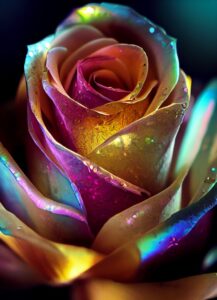 AI: An iridescent rose in rainbow colors, illuminated from within