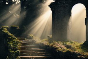 AI: mossy staircase with rays of light streaming between stone columns
