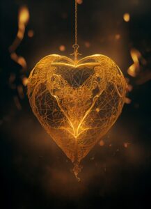 AI: delicate heart-shaped pendant made of wispy filaments, cast in fiery gold