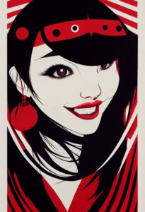 AI: bold poster art of a smiling woman, rendered in red, black, and white