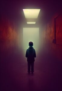 AI: a young boy walks down a spooky, mist-filled red hallway