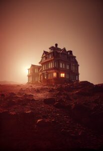 AI: A Victorian manor house on Mars, backlit by the dust-choked sun