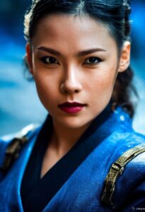 AI: Chinese woman garbed in blue martial arts uniform 