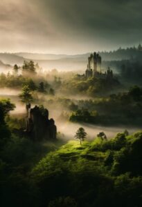 AI: A fantasy landscape reminiscent of Lord of the Rings; verdant valleys covered in mist, with a river carving a path through gentle hills and stony ruins