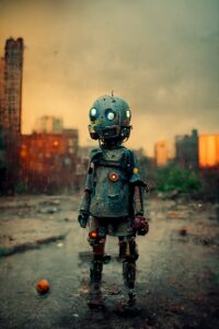 AI: a tattered, rusting boy-sized robot stands before a post-apocalyptic sprawl of deserted apartment buildings