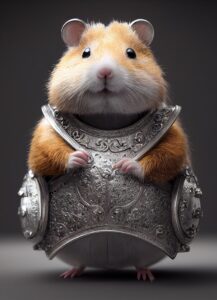 AI: A realistic, pudgy hamster stands upright in a suit of hamster-sized armor